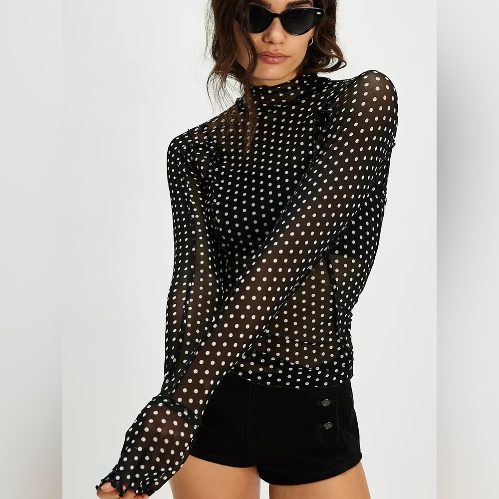 NWT Free People Charlie Printed Mesh Layering Top Luna Dot Black White Small